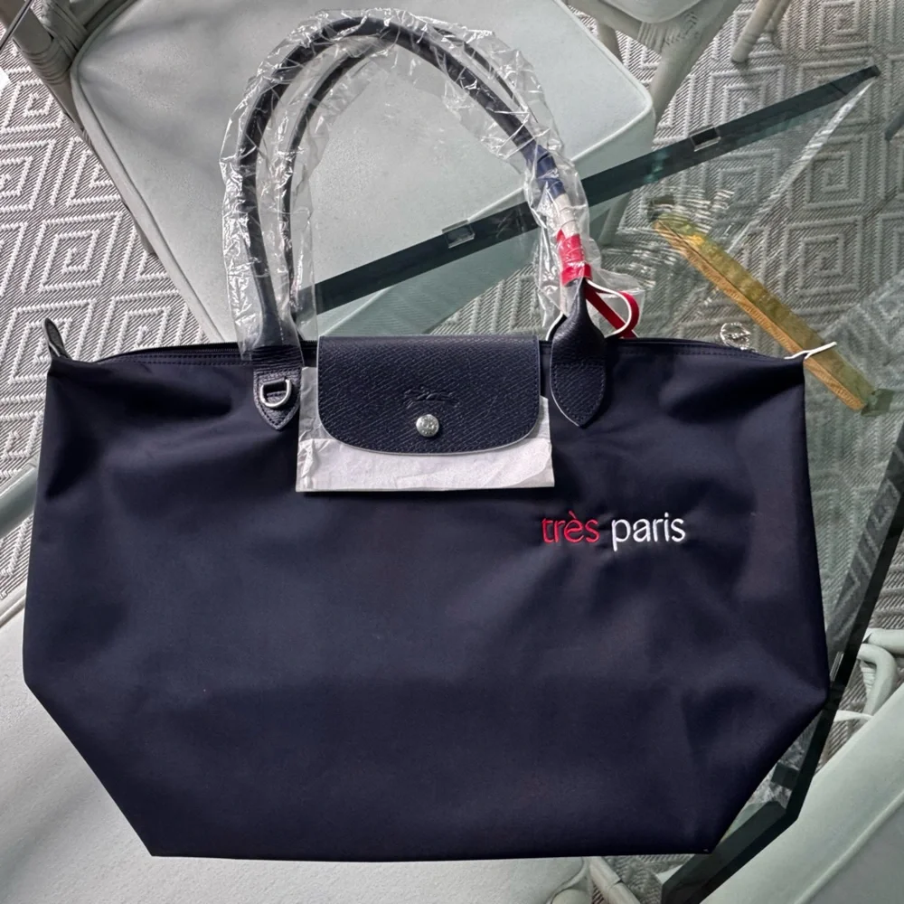 Longchamp Navy Tote with Red and White Logo - Picture 1 of 3